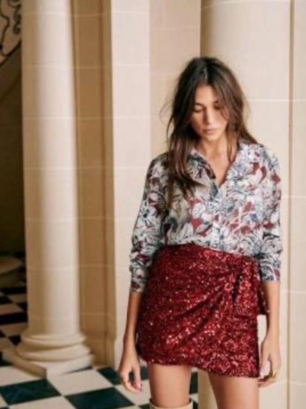 Sezane Aida Skirt Ruby Red Sequin FR36